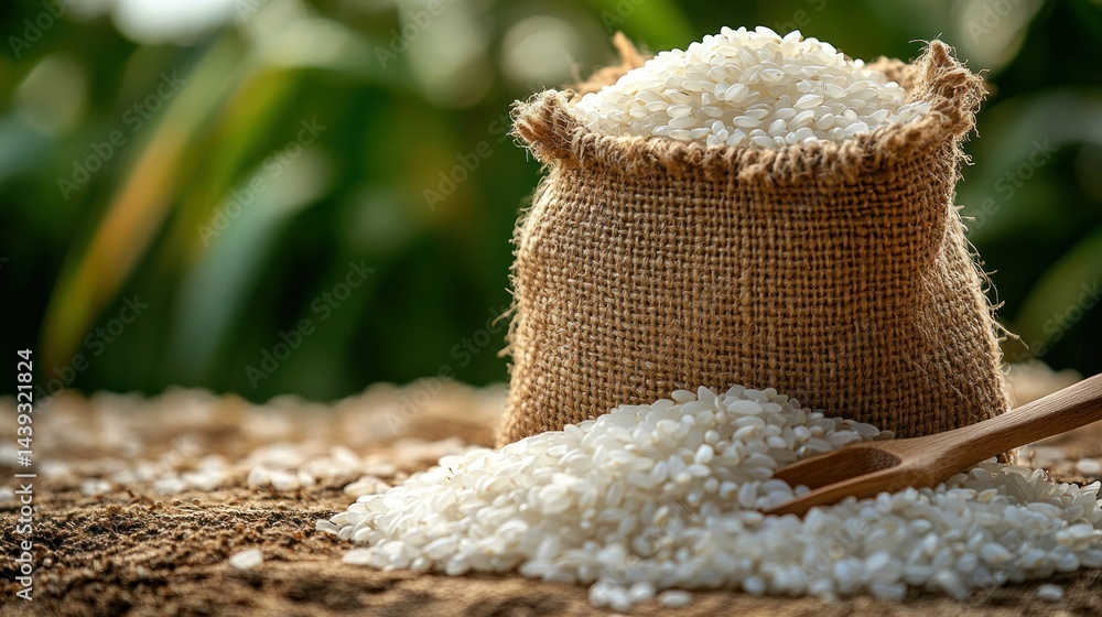 A burlap sack of white rice on the ground