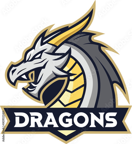 Stylized dragon logo esports mascot with silver and gold colors and bold typography