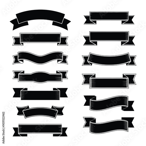 Collection of Black Ribbons, Banners, badges, Labels - Design Elements on white background.