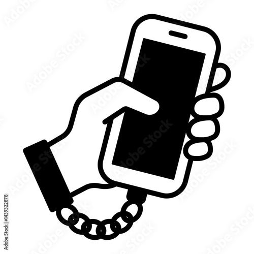 Hand holding a mobile phone connected with handcuffs vector illustration, symbolizing smartphone addiction, digital dependency, and social media 