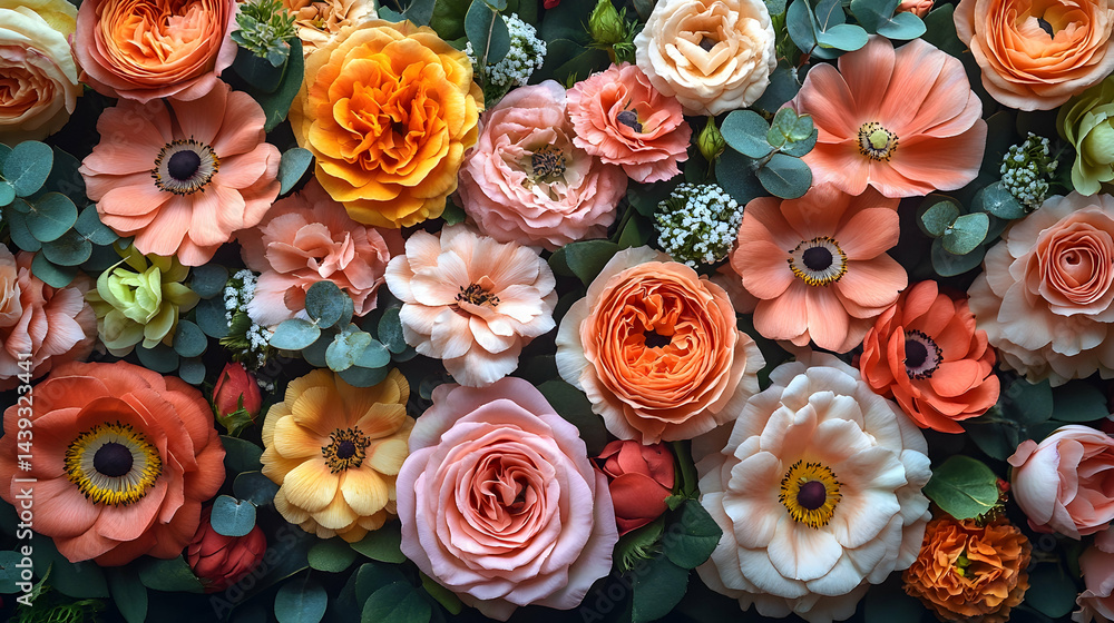 A display of orange yellow pink and peach roses and anemones with small white flowers silver dollar eucalyptus A display of orange yellow pink and peach roses and anemones with small white flowers silver dollar eucalyptus
