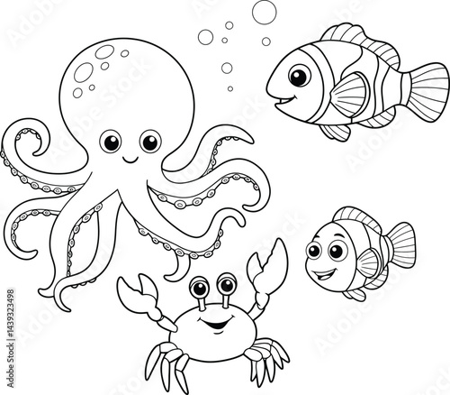 Cute funny octopus, crab and clownfish for coloring. Template for a coloring book with funny animals. Coloring page for kids.	