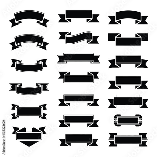 Collection of Black Ribbons, Banners, badges, Labels - Design Elements on white background.