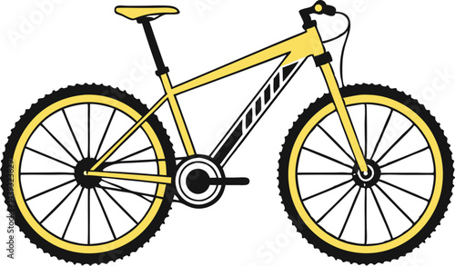 Stylized Mountain Bike Minimalist Design Yellow and Black Large Spoked Wheels Knobby Tires Suspension Frame Vector Art Sporty Side View Iconic Bicycle Illustration 