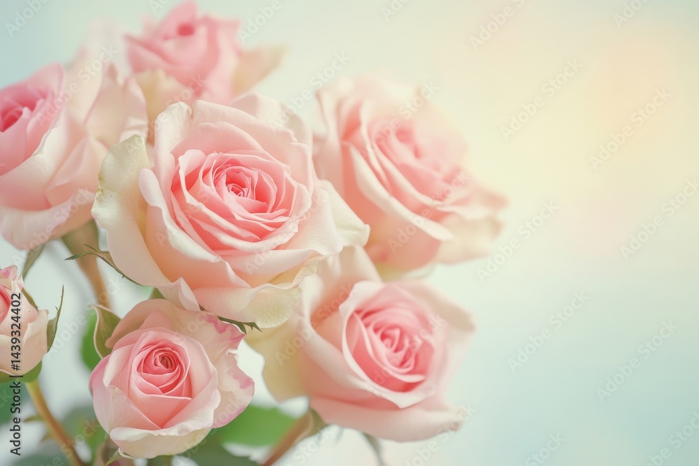 Fototapeta premium Delicate pink rose bouquet on soft pastel backdrop ideal for mother's day, valentine's day, weddings, birthdays, and special events with personalizable text space