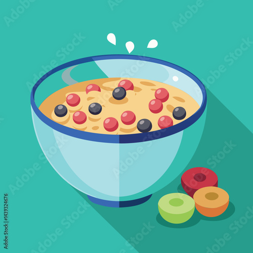 Vector illustration of a bowl of oatmeal topped with fresh fruits, designed in a simple style.
