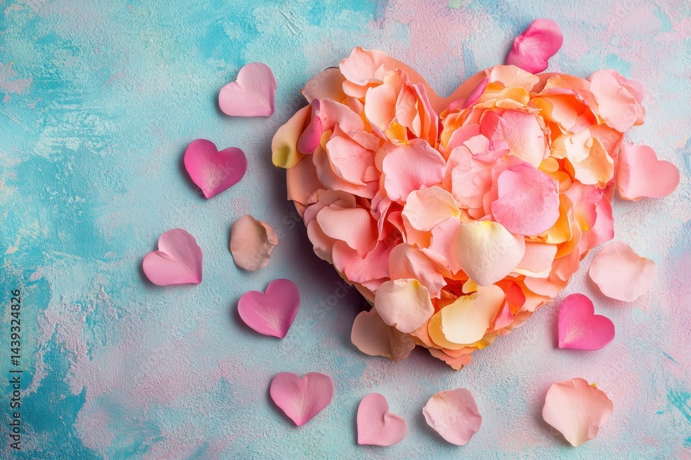 Obraz premium Valentine's day romantic theme with delicate rose petals and heart shapes, ideal for heartfelt cards and love-focused creations. Charming flat lay arrangement on soft pastel background