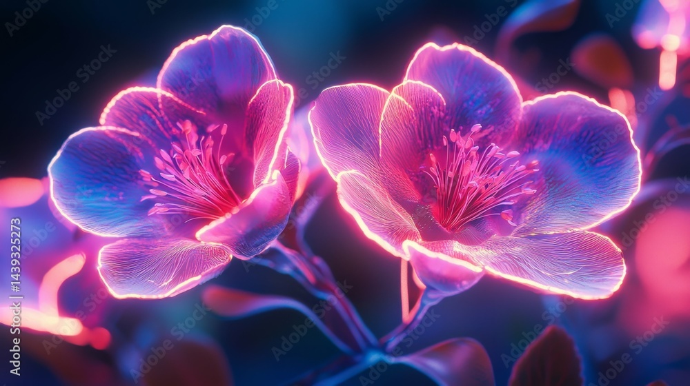 Obraz premium Luminous Floral Blossoms with Neon Glow in a Dreamlike Fantasy Setting Capturing Nature’s Beauty and Magic
