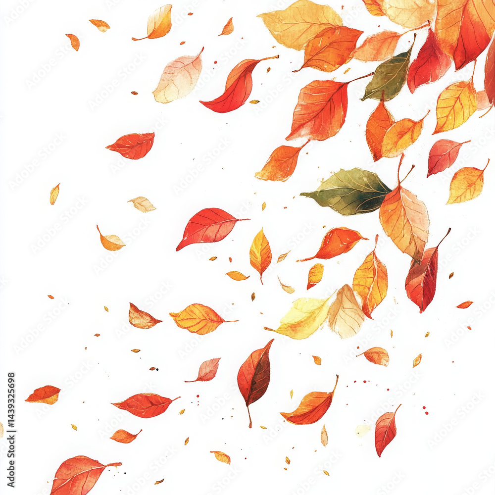 Obraz premium Falling leaves in vibrant autumn colors create serene and peaceful atmosphere