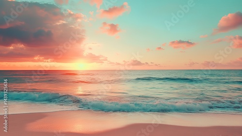 Fototapeta Naklejka Na Ścianę i Meble -  Serene pink and teal ocean sunset beach scene tranquil summer vacation paradise tropical idyllic sea