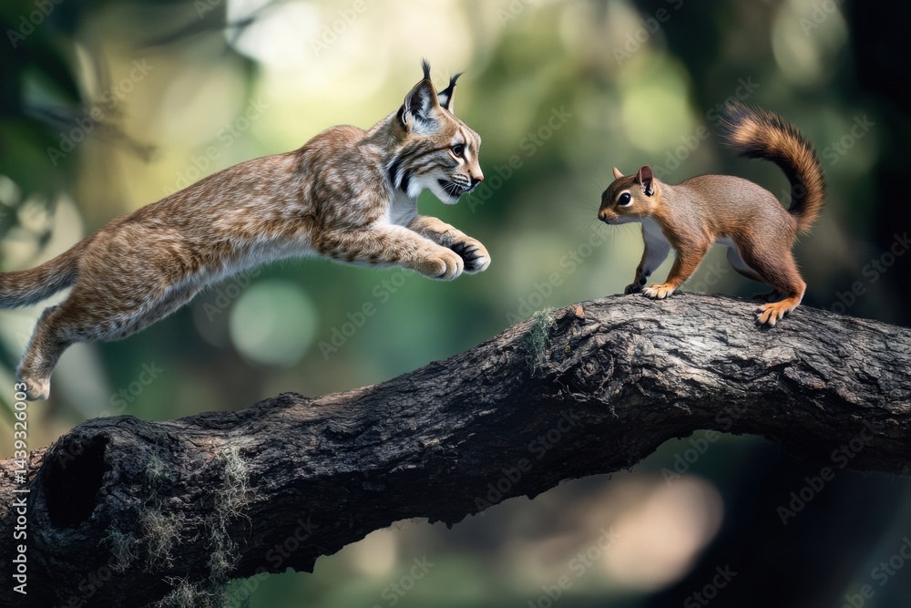 Obraz premium A cat and a squirrel are on a tree branch