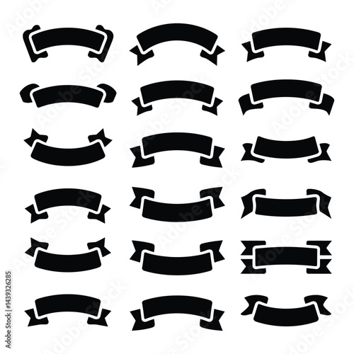 Collection of Black Ribbons, Banners, badges, Labels - Design Elements on white background.