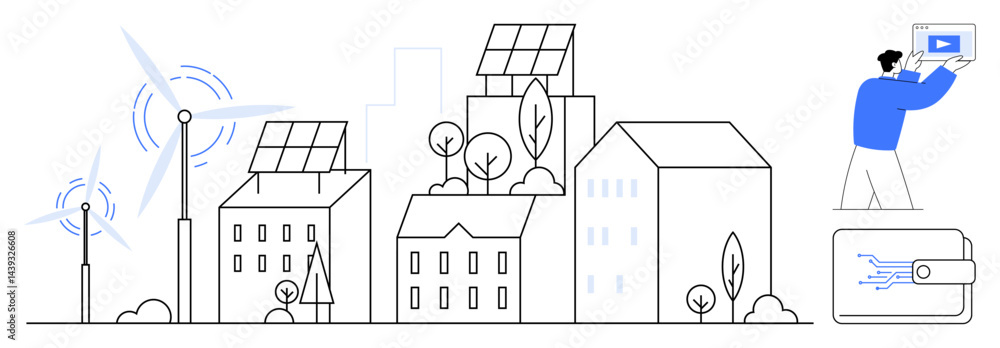 Solar panels on buildings, wind turbines, trees, and a person engaging with digital payment tech. Ideal for sustainability, green energy, innovation, fintech, smart city digital economy simple Solar panels on buildings, wind turbines, trees, and a person engaging with digital payment tech. Ideal for sustainability, green energy, innovation, fintech, smart city digital economy simple