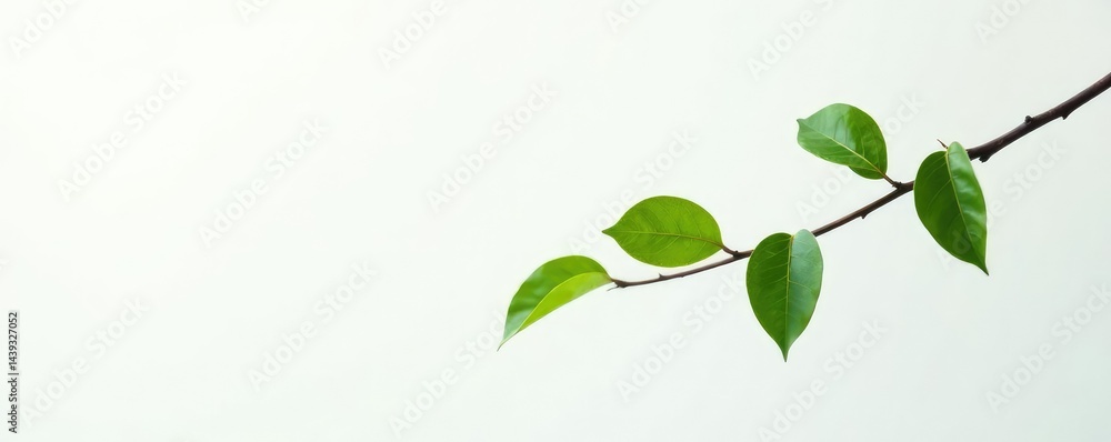 Obraz premium Thin branch with leaves in a minimalist setup on white, tree, twig, nature