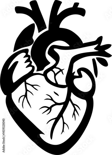 Black silhouette illustration of a human heart with arteries and veins on a light gray background.