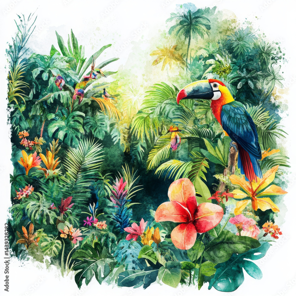 Vibrant tropical scene featuring colorful parrot amidst lush greenery and blooming flowers Vibrant tropical scene featuring colorful parrot amidst lush greenery and blooming flowers