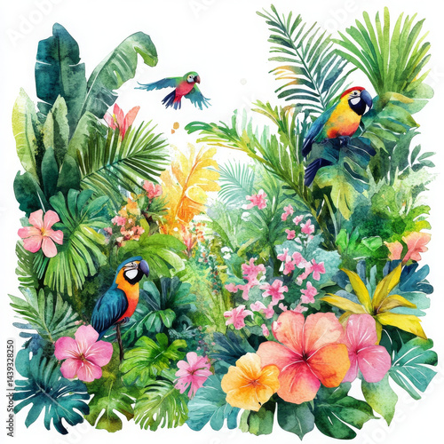 Vibrant tropical scene featuring colorful parrots among lush greenery and blooming flowers