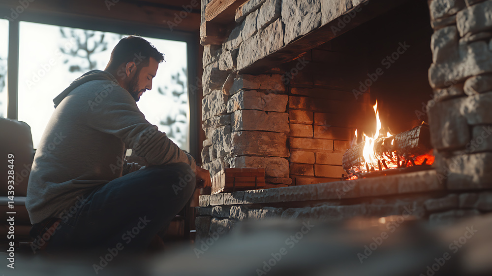 Fototapeta premium Man Sitting by a Stone Fireplace with Burning Logs