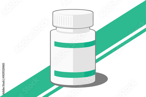 White pill bottle with green label and cylindrical shape in 3D render for medical supplies and healthcare concept 