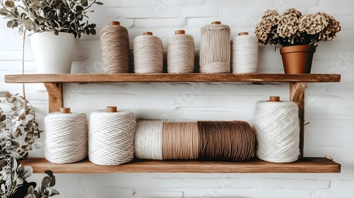 Colorful spools on workshop shelves craft room photography indoor close-up textile organization