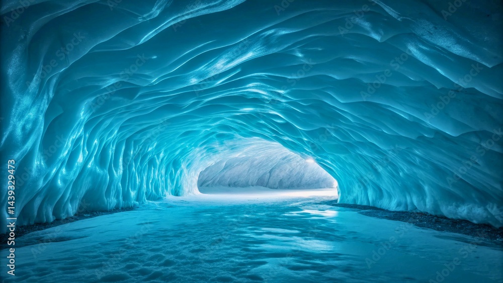 Naklejka premium Majestic Ice Cave with Soft Blue Illuminations and Intricate Ice Formations