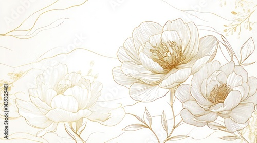 Fototapeta Naklejka Na Ścianę i Meble -  Elegant gold peonies marble background, wedding invitation design