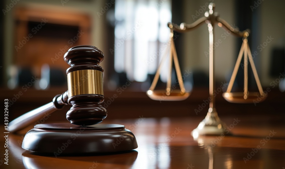 Gavel and Scales of Justice in Courtroom Setting Reflecting Legal System Gavel and Scales of Justice in Courtroom Setting Reflecting Legal System