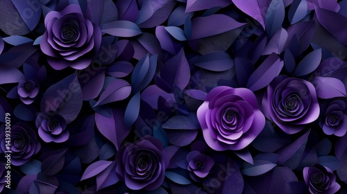 Fototapeta Naklejka Na Ścianę i Meble -  Elegant purple roses and dark leaves background design for floral decoration, paper crafts, and digital artwork projects