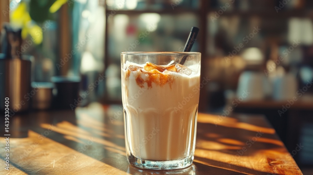 A creamy beverage is topped with whipped cream and spice, set on a rustic wooden background indoors. A creamy beverage is topped with whipped cream and spice, set on a rustic wooden background indoors.