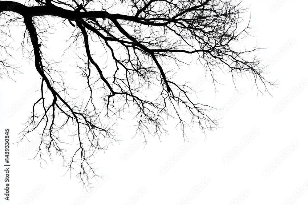 Silhouetted tree branches against a stark white background, evoking a sense of solitude Silhouetted tree branches against a stark white background, evoking a sense of solitude