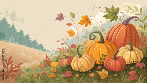 Playful pumpkin patch background with vivid pumpkins in mixed sizes against soft earth tones and copy space"