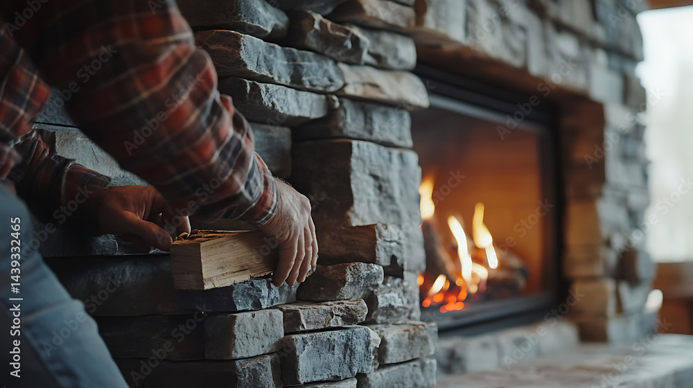 Fototapeta premium Person Stacking Wood by a Stone Fireplace