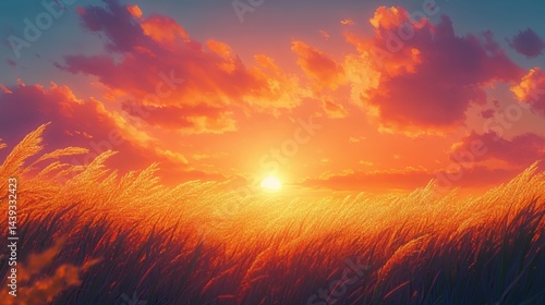A breathtaking sunset over a golden wheat field, with vibrant orange and purple hues.