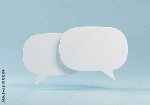 Two white chat bubbles with a clean, minimalist design and soft shadows are shown overlapping on a light blue background, symbolizing online messaging or conversation