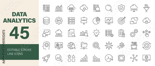 Data analytics icon set. Containing database, statistics, analysis, server, financial, SEO, monitoring, graph, hosting, data mining and more. Editable line icons. Vector illustration.
