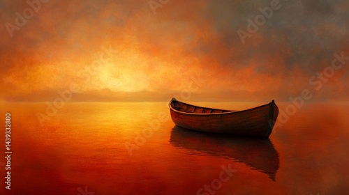 A solitary wooden boat calmly floats on a serene lake at sunset.