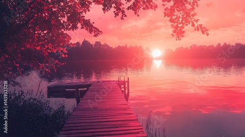A serene sunset reflecting vibrant hues over a calm lake and wooden dock.