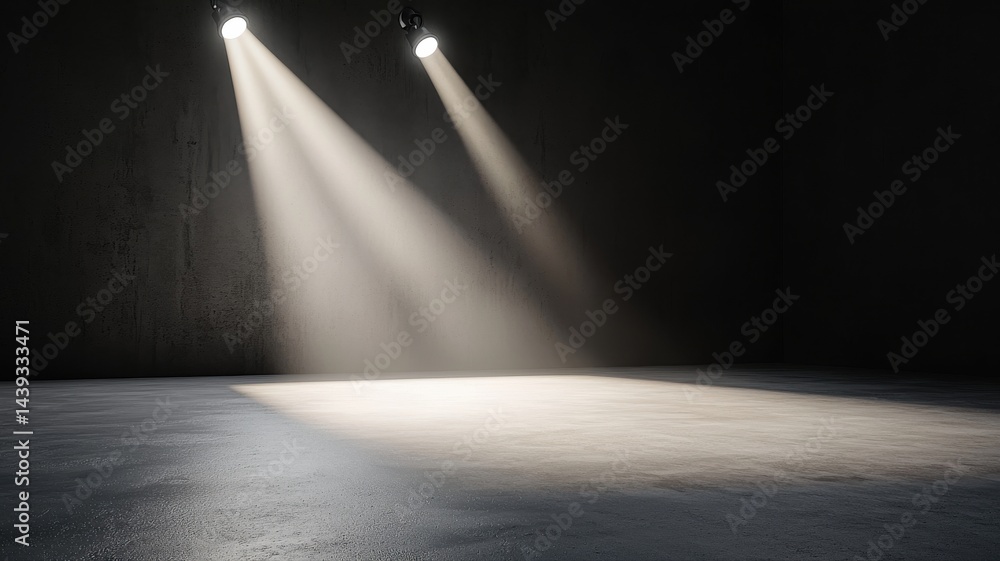 Obraz premium Dramatic spotlight illuminating an empty, textured space spotlight stage light dark space empty wall