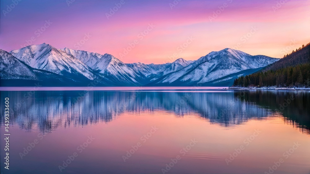 Serene Mountain Lake at Sunrise with Vibrant Sky and Reflective Water Surface Serene Mountain Lake at Sunrise with Vibrant Sky and Reflective Water Surface