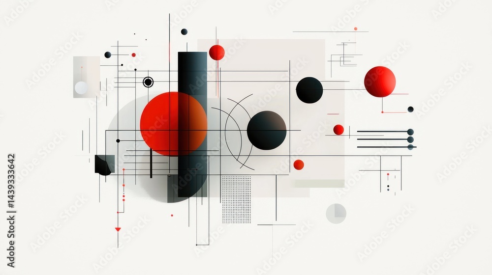 Abstract geometric shapes, overlapping lines, and circles; modern design concept, various shades of red and black Abstract geometric shapes, overlapping lines, and circles; modern design concept, various shades of red and black