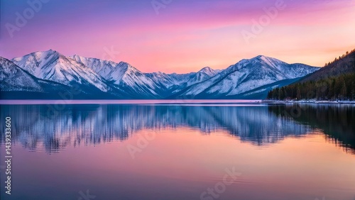 Serene Mountain Lake at Sunrise with Vibrant Sky and Reflective Water Surface