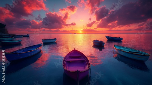 Colorful boats floating peacefully at sunset over calm waters.
