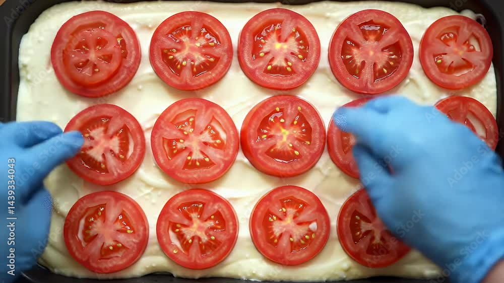 Tomato Slices Symmetric Pattern on Creamy White Sauce Base Before Baking Close Up Top Down View Featuring Culinary Food Preparation and Cooking Ingredients Tomato Slices Symmetric Pattern on Creamy White Sauce Base Before Baking Close Up Top Down View Featuring Culinary Food Preparation and Cooking Ingredients