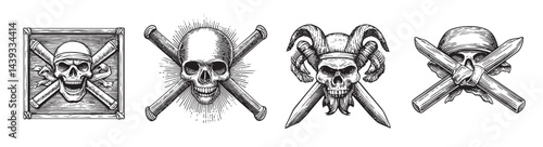 Vintage Pirate Skull Illustrations with Crossed Weapons and Helmets, Set Logo design, Vector Illustration, Engraving style