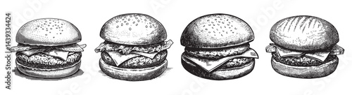 Vintage Style Hand-Drawn Hamburger Illustrations in Black and White, Set Logo design, Vector Illustration, Engraving style