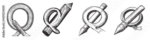 Vintage Illustration of Artistic Tools with Ribbon and Circular Shapes, Set Logo design, Vector Illustration, Engraving style