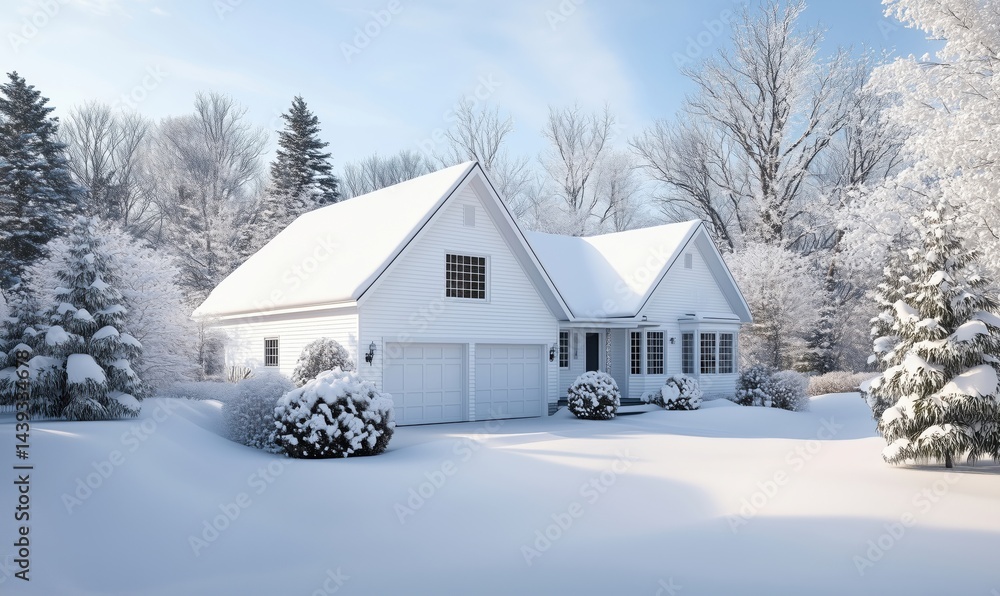 Charming white house surrounded by snow-covered landscape in winter season Charming white house surrounded by snow-covered landscape in winter season
