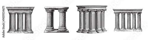 Classic Architectural Columns Set in Detailed Vintage Style, Set Logo design, Vector Illustration, Engraving style