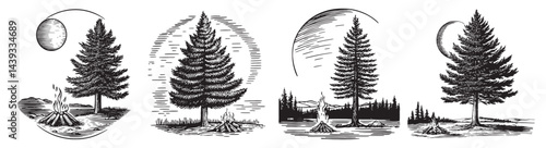 Vintage Forest Scene with Campfire and Celestial Elements, Set Logo design, Vector Illustration, Engraving style