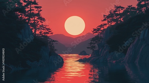 Serene sunset over tranquil waters with vibrant colors and silhouettes of trees.